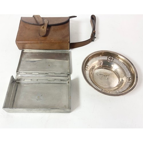 371 - JAMES DIXON & SONS SANDWICH TIN IN BROWN LEATHER CASE AND A PIERCED WHITE METAL DISH