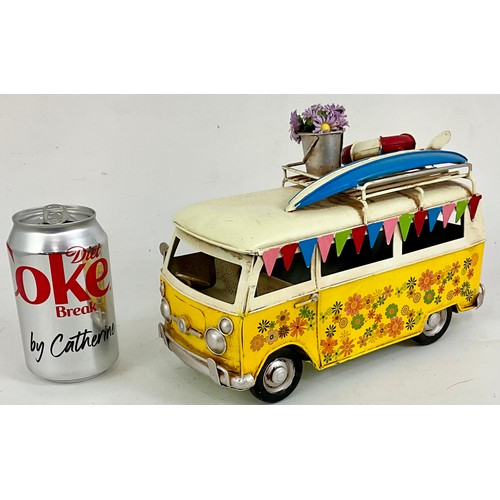 374 - MODERN TIN PLATE MODEL OF A VOLKSWAGEN (VW) CAMPER/SURF BUS. Approx. 33 x 12 x 16cm