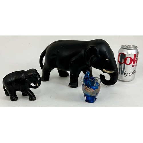 375 - TWO CHINA ELEPHANTS AND A SELKIRK GLASS ELEPHANT PAPERWEIGHT