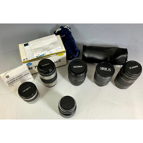 385 - MISC. SLR CAMERA LENSES INC. SIGMA 28-300mm HYPERZOOM, SIRIUS REFLEX MC 500mm, CANON 75-300 mm, MINO... 