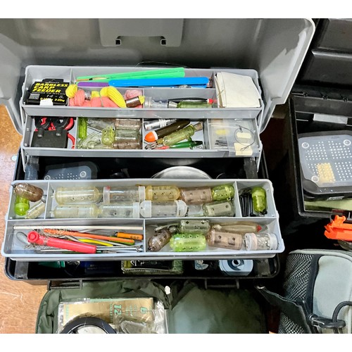 412 - QUANTITY OF FISHING TACKLE INC. LINE, FEEDERS, FLOATS, LEDGERS ETC IN TACKLE BOXES AND BAGS