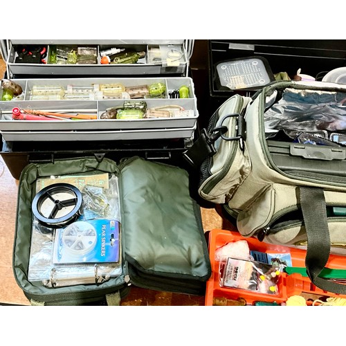 412 - QUANTITY OF FISHING TACKLE INC. LINE, FEEDERS, FLOATS, LEDGERS ETC IN TACKLE BOXES AND BAGS