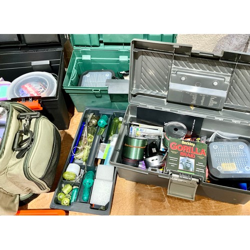 412 - QUANTITY OF FISHING TACKLE INC. LINE, FEEDERS, FLOATS, LEDGERS ETC IN TACKLE BOXES AND BAGS