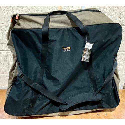 413 - TF GEAR FISHING CHAIR WITH CARRY BAG, AN UNUSED TROLLEY AND KEENETS TREKKER FOLDAWAY FISHING TROLLEY... 