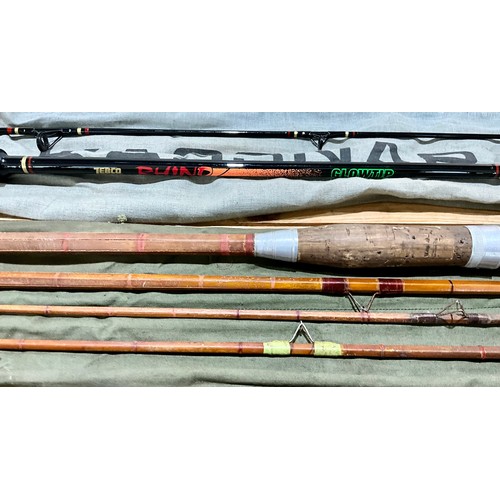 416 - MISC. FISHING RODS INC. SPLIT CANE, BAMBOO AND AN UNUSED RHINO GLOWTIP