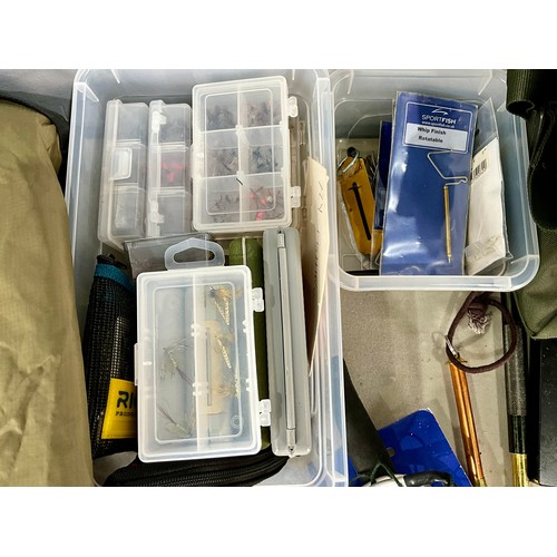 422 - MISC. FLY FISHING ITEMS INC. TACKLE BAG, GREYS WATERPROOF JACKET AND HARDY WAISTCOAT, THREE LANDING ... 