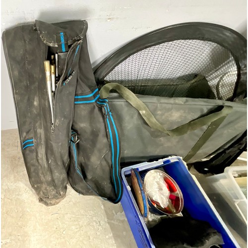 417 - FISHING TACKLE INC. ROD, UMBRELLA, LANDING NET, SEAT, RESTS AND 2 BOXES OF VARIOUS ACCESSORIES