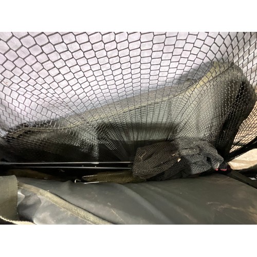 417 - FISHING TACKLE INC. ROD, UMBRELLA, LANDING NET, SEAT, RESTS AND 2 BOXES OF VARIOUS ACCESSORIES