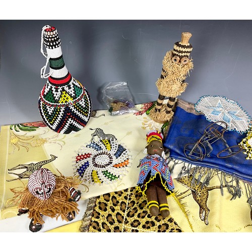 456 - A COLLECTION OF AFRICAN BEADWORK DOLLS, VASES ETC. WITH AN ELEPHANT DESIGN BLUE SCARF, AN AFRICAN IN... 