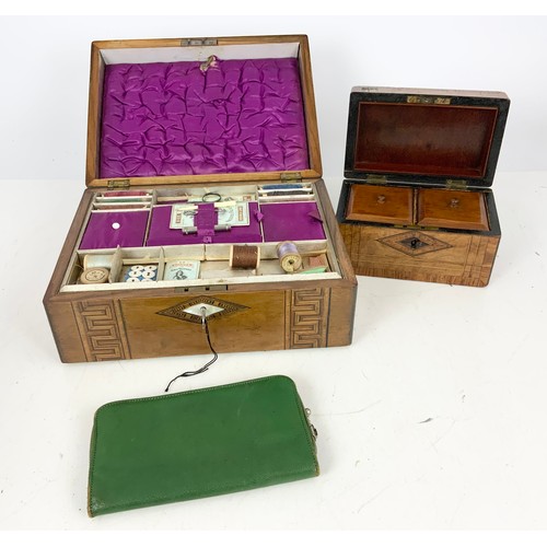 326 - TUNBRIDGE WARE  FITTED SEWING BOX WITH CONTENTS TOGETHER WITH A TUNBRIDGE WARE TEA CADDY