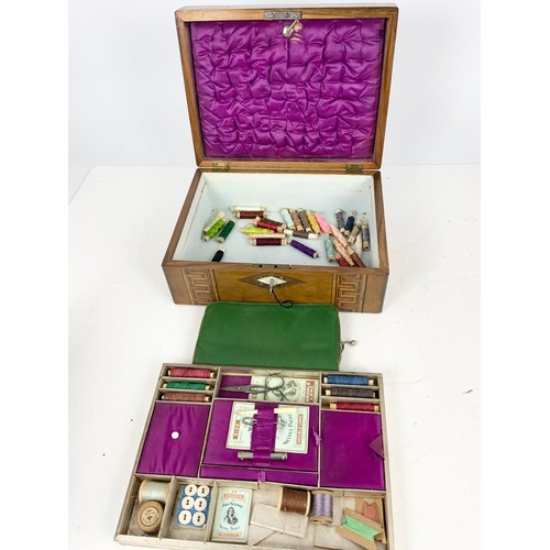 326 - TUNBRIDGE WARE  FITTED SEWING BOX WITH CONTENTS TOGETHER WITH A TUNBRIDGE WARE TEA CADDY