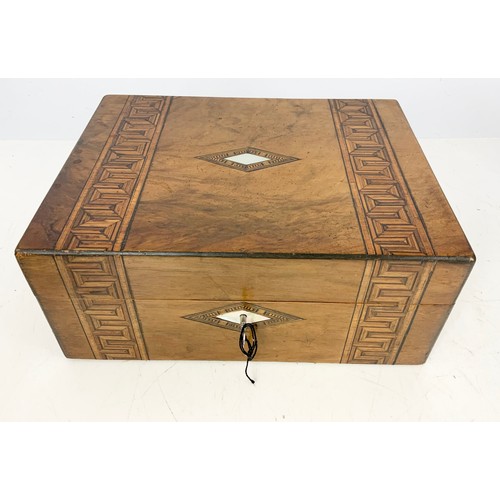 326 - TUNBRIDGE WARE  FITTED SEWING BOX WITH CONTENTS TOGETHER WITH A TUNBRIDGE WARE TEA CADDY