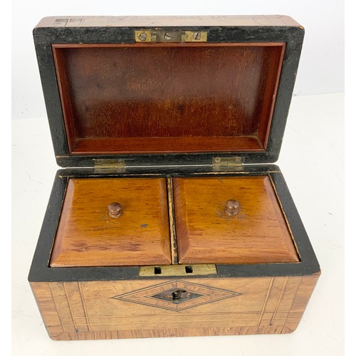 326 - TUNBRIDGE WARE  FITTED SEWING BOX WITH CONTENTS TOGETHER WITH A TUNBRIDGE WARE TEA CADDY