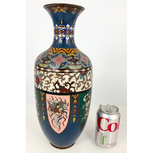 377 - IMPRESSIVE LARGE CLOISONNE VASE 37cm TALL WITH A PAIR OF SMALLER CLOISONNÉ VASES 12.5cm TALL