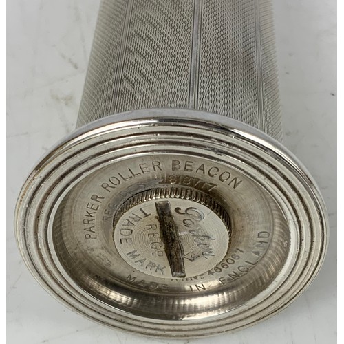 285 - PARKER ROLLER BEACON REG DESIGN NO. 818717, PATENT NO 466086 SILVER PLATED TABLE LIGHTER 12cm TALL