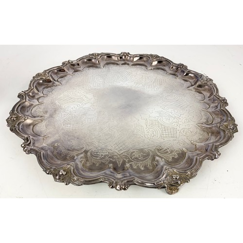 281 - GOOD QUALITY SILVER PLATED LARGE 42cm TRAY TOGETHER WITH A SIMILAR SILVER PLATED JARDINIERE, LARGE B... 