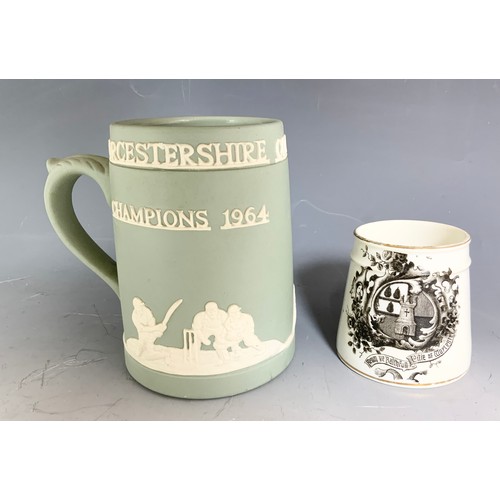 185 - JASPER WARE WORCESTERSHIRE COUNTY CRICKET CHAMPIONS 1964 TANKARD, A WORCESTER TANKARD AND 5 LARGE WI... 