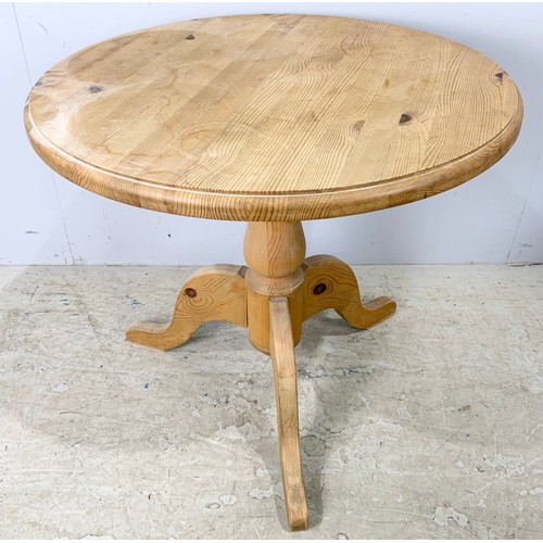 615 - ROUND TOP PINE PEDESTAL TABLE 76cm DIAMETER AND TWO CHAIRS