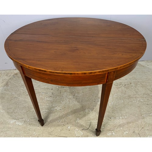 643 - DEMI LUNE GEORGIAN INLAID MAHOGANY D END FOLD OVER TEA TABLE