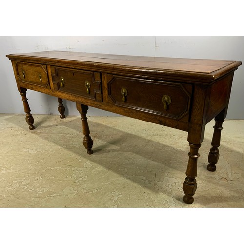 684 - OAK THREE DRAWER DRESSER BASE WITH GEOMETRIC MOULDINGS & DROP HANDLES WIDTH  180cm