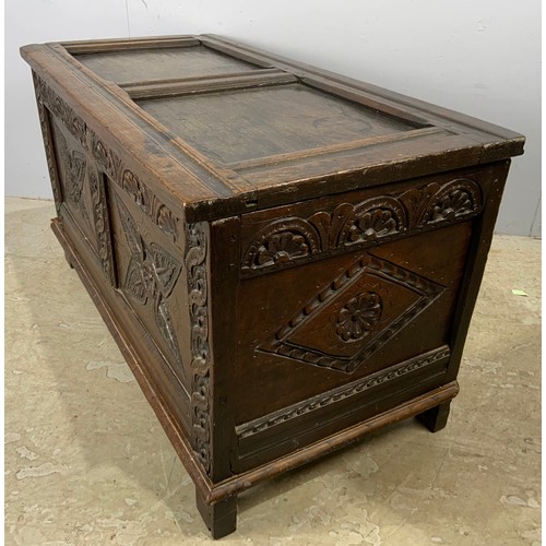 672 - CARVED OAK COFFER / BLANKET CHEST WIDTH 108cm