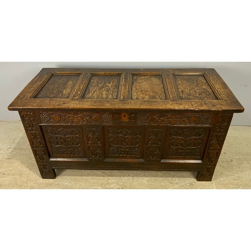 617 - CARVED OAK COFFER HIGHLY CARVED,  4 PANELS TO TOP AND 3 TO BASE