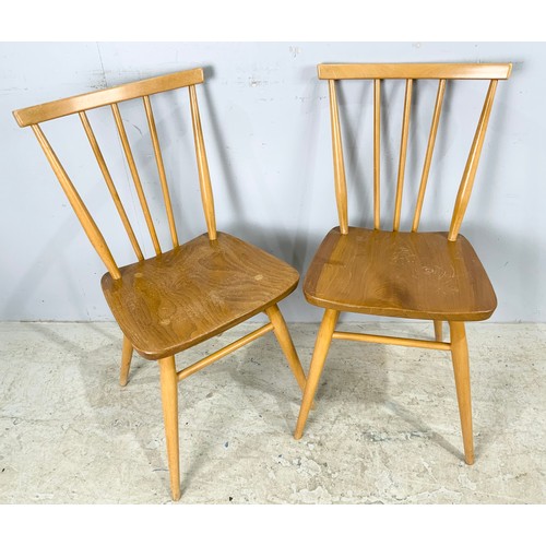 722 - A PAIR OF ERCOL MID CENTURY BLONDE ELM AND BEECH DINING CHAIRS, MODEL 391 WITH ORIGINAL LABELS