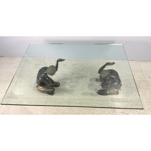 649 - GLASS TOP ‘BLACKAMOOR’ TABLE, HEAVY GLASS TOP, APPROX. 146 X 110 cm SUPPORTED BY 2 CAST BRONZE KNEEL... 