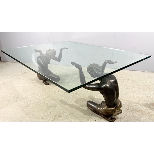 649 - GLASS TOP ‘BLACKAMOOR’ TABLE, HEAVY GLASS TOP, APPROX. 146 X 110 cm SUPPORTED BY 2 CAST BRONZE KNEEL... 