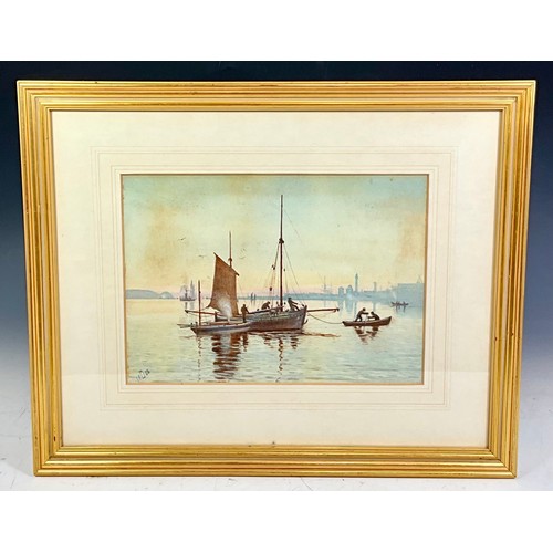 30 - WATERCOLOUR DEPICTING A BOATING SCENE. Approx. 33 x 23cm