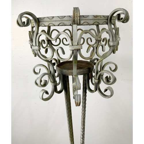 530 - PAIR OF DECORATIVE METAL STANDARD GARDEN POT STANDS ON SCROLL FEET 116cm TALL