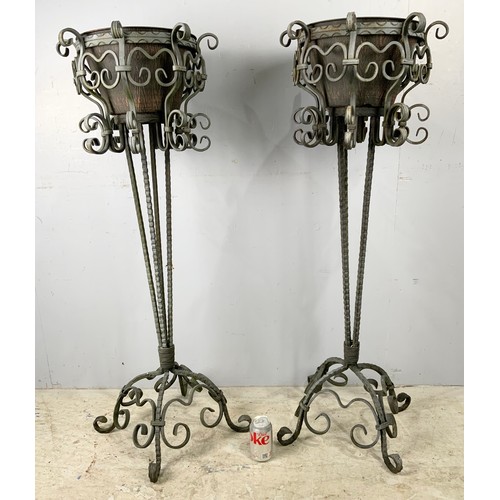 530 - PAIR OF DECORATIVE METAL STANDARD GARDEN POT STANDS ON SCROLL FEET 116cm TALL