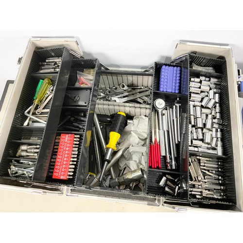 487 - TOOLBOX WITH SOCKETS & SPANNERS WITH 2 MORE BOXES AND A TOOL BAG WITH VARIOUS TOOLS ETC