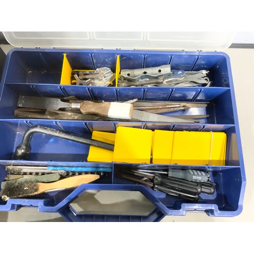 487 - TOOLBOX WITH SOCKETS & SPANNERS WITH 2 MORE BOXES AND A TOOL BAG WITH VARIOUS TOOLS ETC