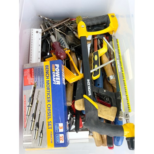 508 - LARGE QUANTITY OF HAND TOOLS IN A TRAY & LARGE CONTAINER