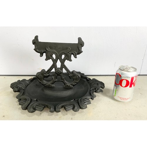 550 - BLACKSMITH MADE WEATHER VANE FRAME, CAST BOOT  SCRAPER A COLLECTION OF CAST IRON SPIKES