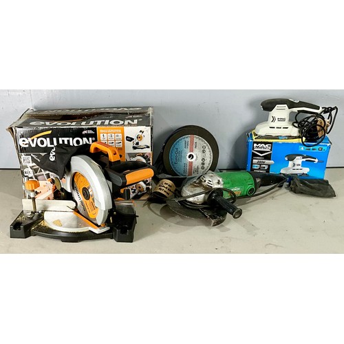 492 - HITACHI ANGLE GRINDER MODEL G235C2 WITH 9 INCH GRINDING WHEELS, 'MAC' SANDER AND EVOLUTION COMPOUND ... 