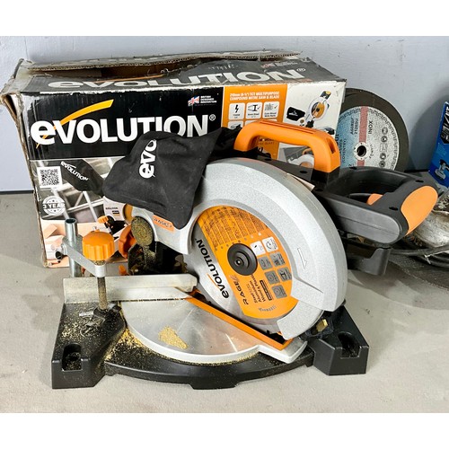 492 - HITACHI ANGLE GRINDER MODEL G235C2 WITH 9 INCH GRINDING WHEELS, 'MAC' SANDER AND EVOLUTION COMPOUND ... 