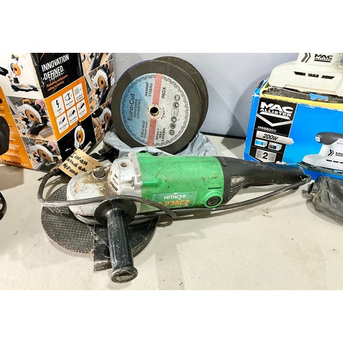 492 - HITACHI ANGLE GRINDER MODEL G235C2 WITH 9 INCH GRINDING WHEELS, 'MAC' SANDER AND EVOLUTION COMPOUND ... 