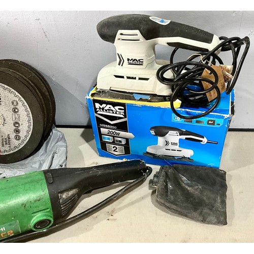 492 - HITACHI ANGLE GRINDER MODEL G235C2 WITH 9 INCH GRINDING WHEELS, 'MAC' SANDER AND EVOLUTION COMPOUND ... 