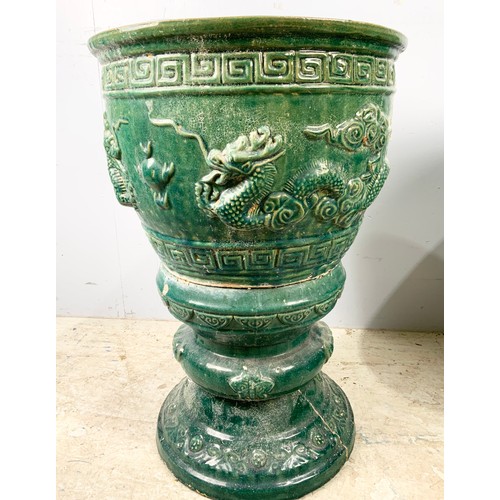 539 - IMPRESSIVE PAIR OF ORIENTAL STYLE PLANTERS/ JARDINIÈRES IN A GREEN GLAZE WITH EMBOSSED DECORATION WI... 