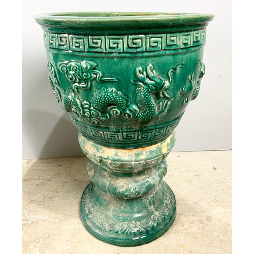 539 - IMPRESSIVE PAIR OF ORIENTAL STYLE PLANTERS/ JARDINIÈRES IN A GREEN GLAZE WITH EMBOSSED DECORATION WI... 