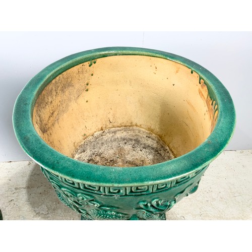 539 - IMPRESSIVE PAIR OF ORIENTAL STYLE PLANTERS/ JARDINIÈRES IN A GREEN GLAZE WITH EMBOSSED DECORATION WI... 