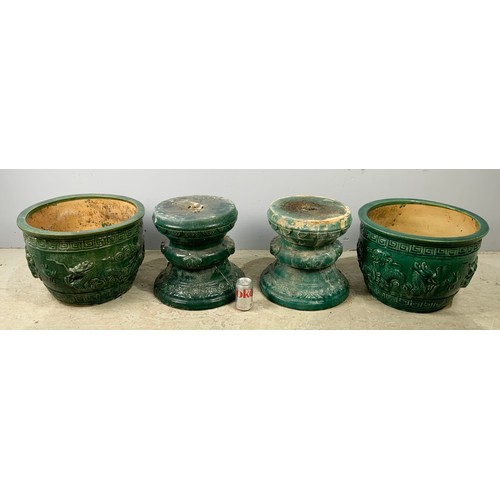 539 - IMPRESSIVE PAIR OF ORIENTAL STYLE PLANTERS/ JARDINIÈRES IN A GREEN GLAZE WITH EMBOSSED DECORATION WI... 