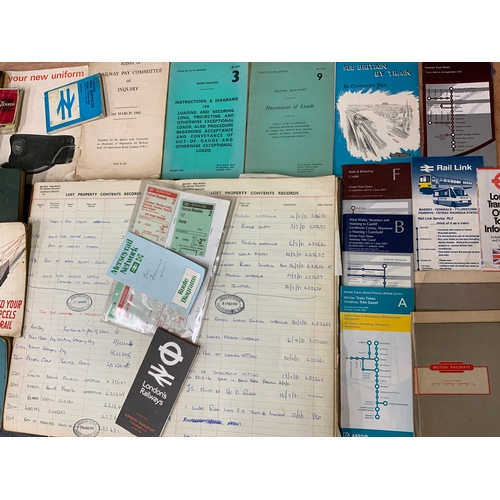 219 - RAILWAY EPHEMERA, BR ERA, LOST PROPERTY BOOK, VARIOUS RULE BOOKS, FIRE MANUAL, WAGON TYPES, UNIFORM ... 