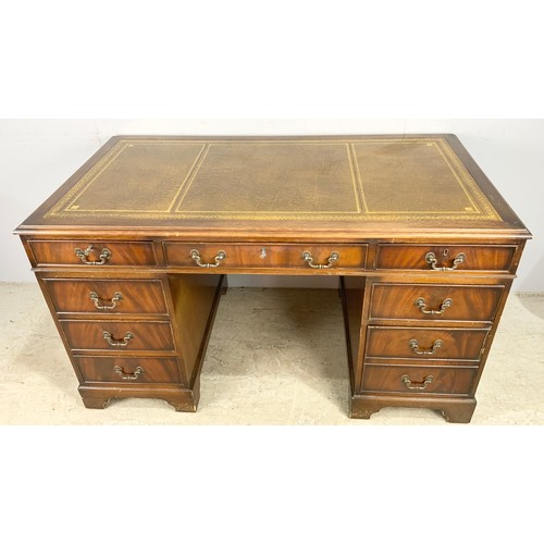 687 - OAK TWIN PEDESTAL DESK WITH TOOLED LEATHER TOP WIDTH 136cm