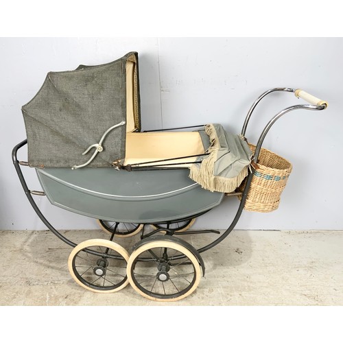 382 - VINTAGE  CHILDRENS PRAM WITH  HIDDEN COMPARTMENT AND A WICKER BASKET