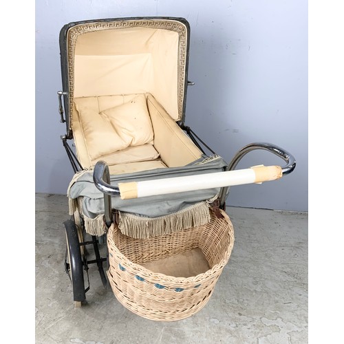 382 - VINTAGE  CHILDRENS PRAM WITH  HIDDEN COMPARTMENT AND A WICKER BASKET