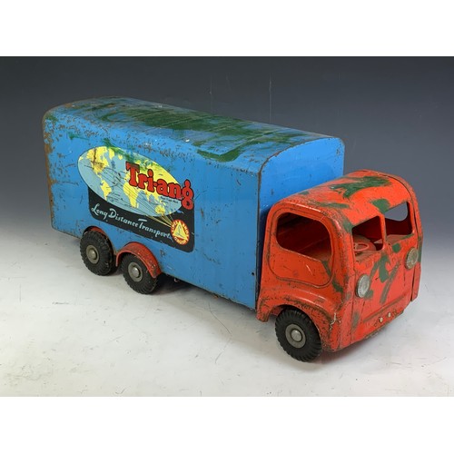 56 - A LARGE TRIANG LONG DISTANCE 6 WHEEL LORRY, APPROX 60 CM, HAS HAD SOME GREEN PAINT ADDED, MISSING ON... 