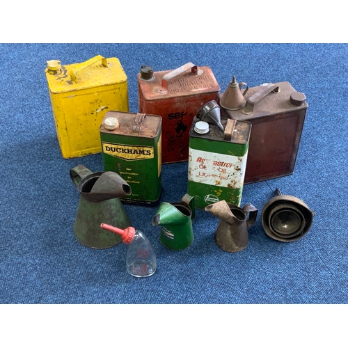 19 - 3 VINTAGE PETROL CANS, PLUS 2 OIL CANS, 3 OIL JUGS & A GLASS LUCAS BATTERY FILLER